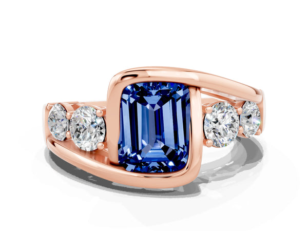 Rose gold Bezel Set Emerald Cut Blue Sapphire Bypass Ring with Round  Accents