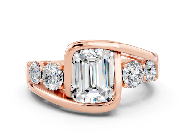 Rose gold Bezel Set Emerald Cut Moissanite Bypass Ring with Round  Accents