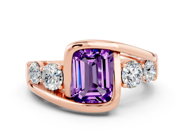 Rose gold Bezel Set Emerald Cut Amethyst Bypass Ring with Round  Accents