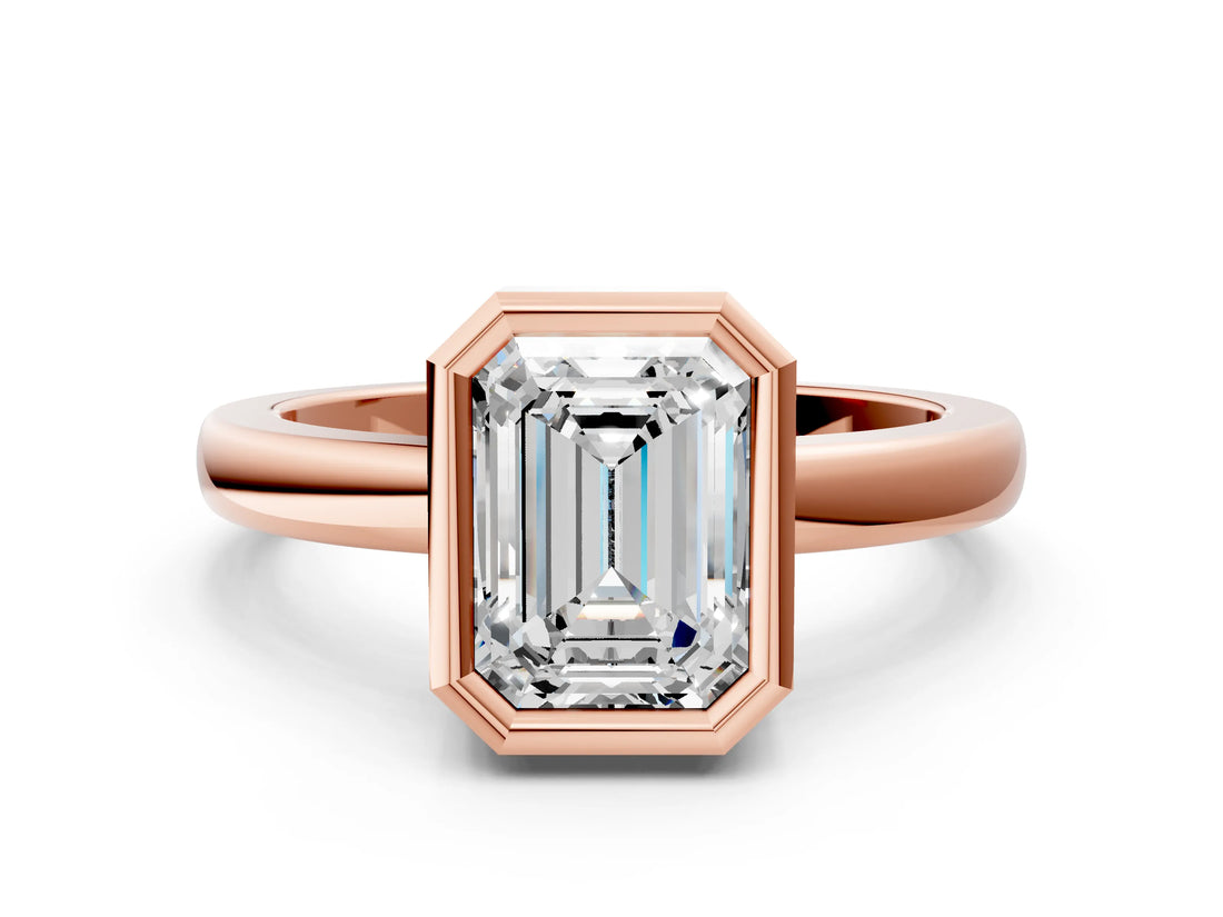 Rose gold Bezel Set Emerald Cut Solitaire Engagement Ring with Classic Band_3