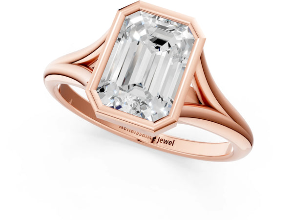 Rose Gold Emerald Cut Bezel Solitaire Engagement Ring Setting with V Split Shank