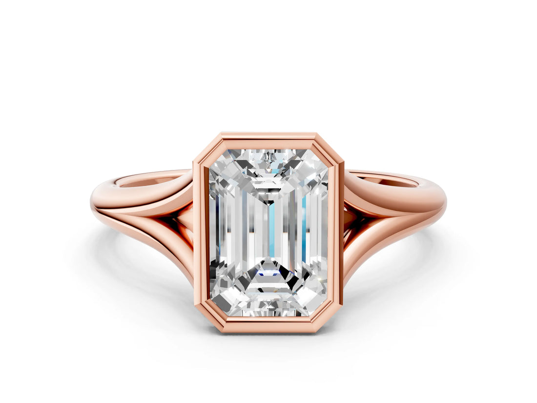 Rose gold Bezel Set Emerald Cut Solitaire Ring with Tapered Band