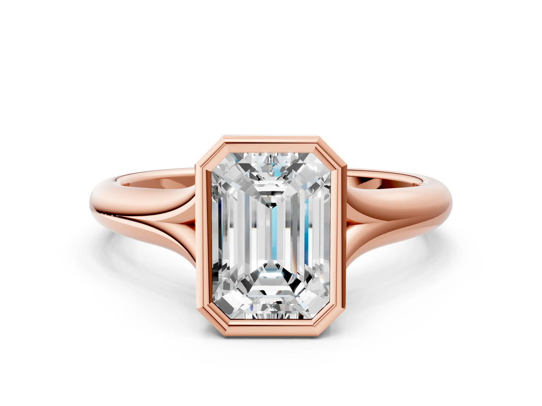 Rose gold Bezel Set Emerald Solitaire Diamond Ring with Smooth Band 1