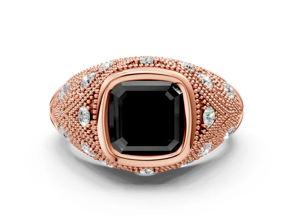Rose Gold Asscher Cut Vintage Bezel Engagement Ring Setting for Black Center with Milgrain