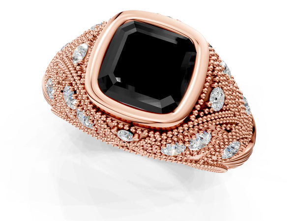 Rose Gold Asscher Cut Vintage Bezel Engagement Ring Setting for Black Center with Milgrain