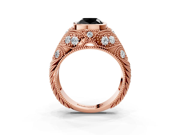 Rose Gold Cushion Cut Vintage Bezel Engagement Ring Setting for Black Center with Milgrain