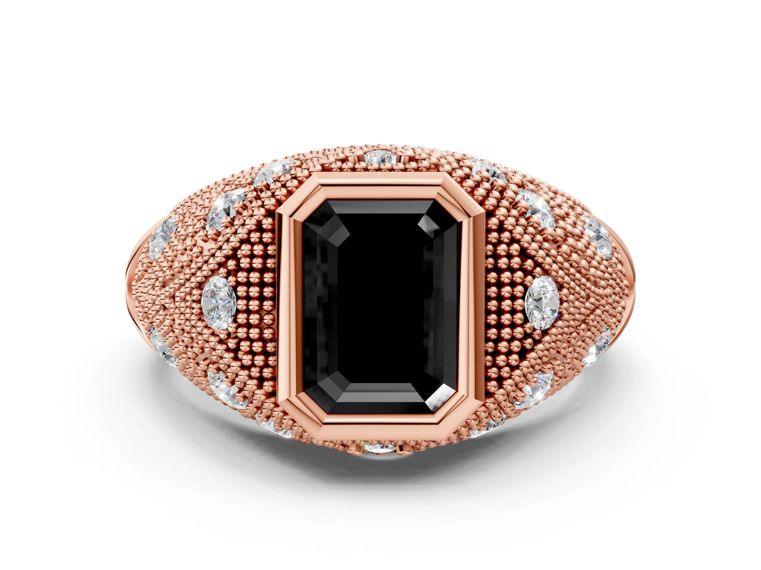 Rose gold Bezel Set Fancy Black Emerald Cut Diamond Milgrain Band Ring