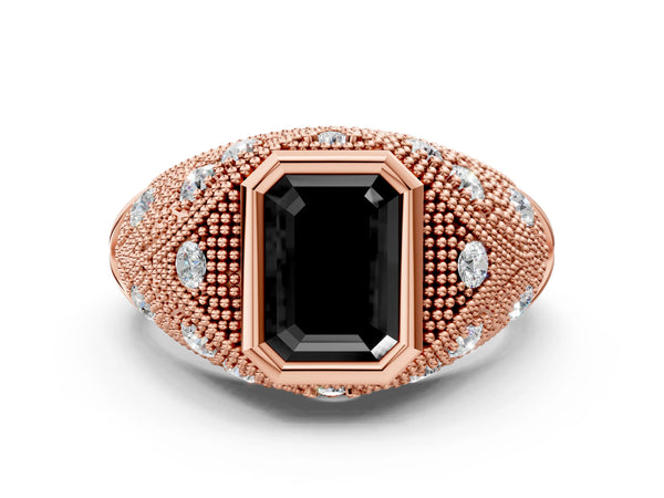 Rose Gold Emerald Cut Vintage Bezel Engagement Ring Setting for Black Center with Milgrain