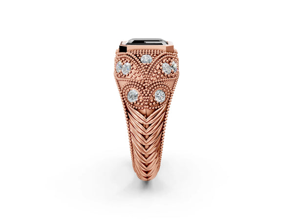 Rose Gold Emerald Cut Vintage Bezel Engagement Ring Setting for Black Center with Milgrain