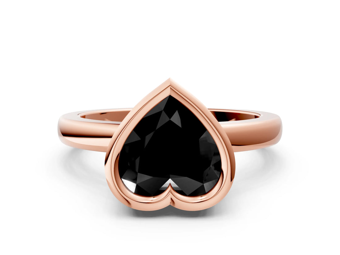 Rose gold Bezel Set Fancy Black Heart Cut Solitaire Engagement Ring with Classic Band