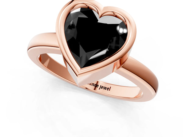 Rose gold Bezel Set Fancy Black Heart Cut Solitaire Engagement Ring with Classic Band