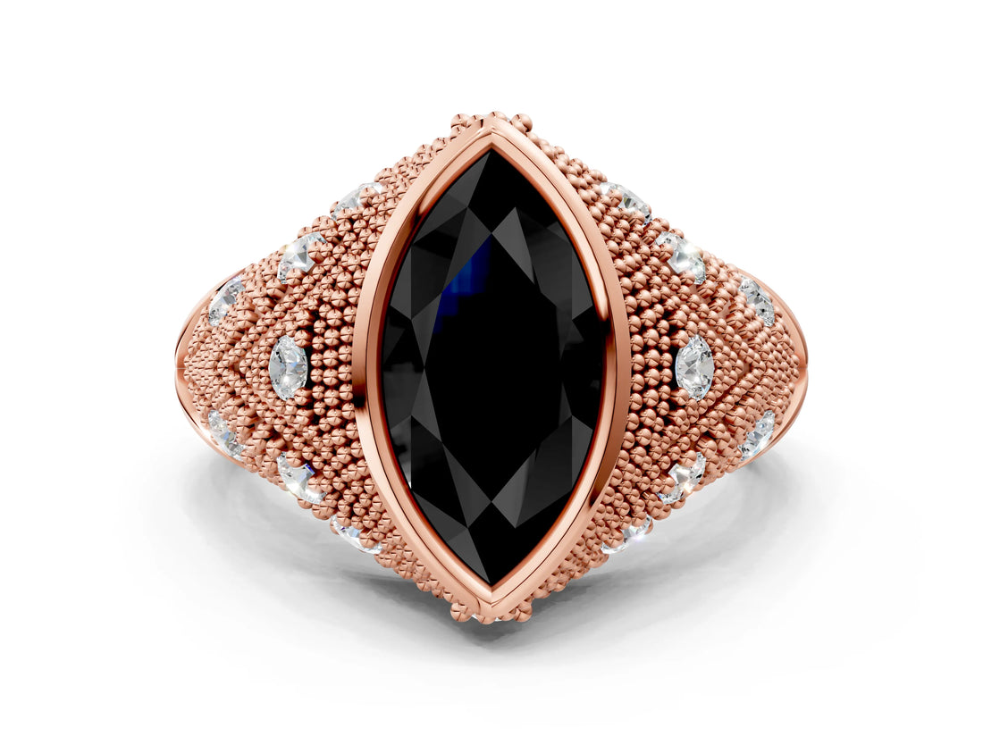 Rose gold Bezel Set Fancy Black Marquise Cut Diamond Milgrain Band Ring