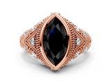 Rose gold Bezel Set Fancy Black Marquise Cut Diamond Milgrain Band Ring