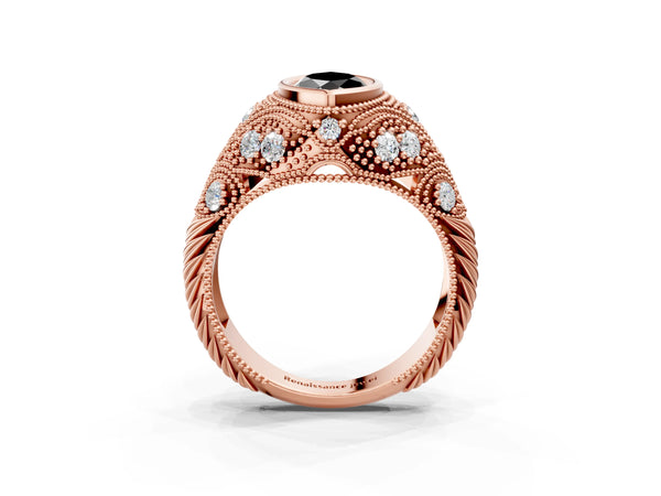 Rose Gold Marquise Vintage Bezel Engagement Ring Setting for Black Center with Milgrain