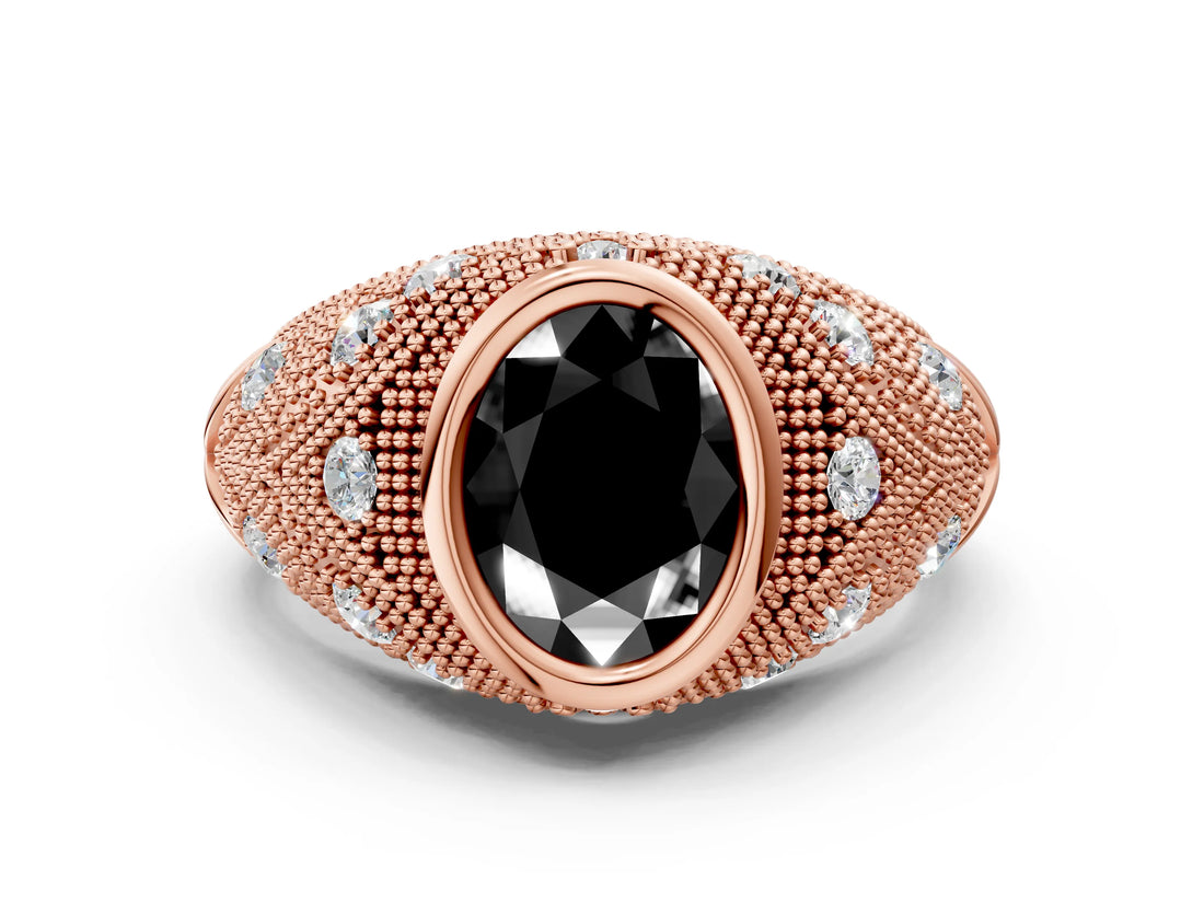 Rose gold Bezel Set Fancy Black Oval Cut Diamond Milgrain Band Ring