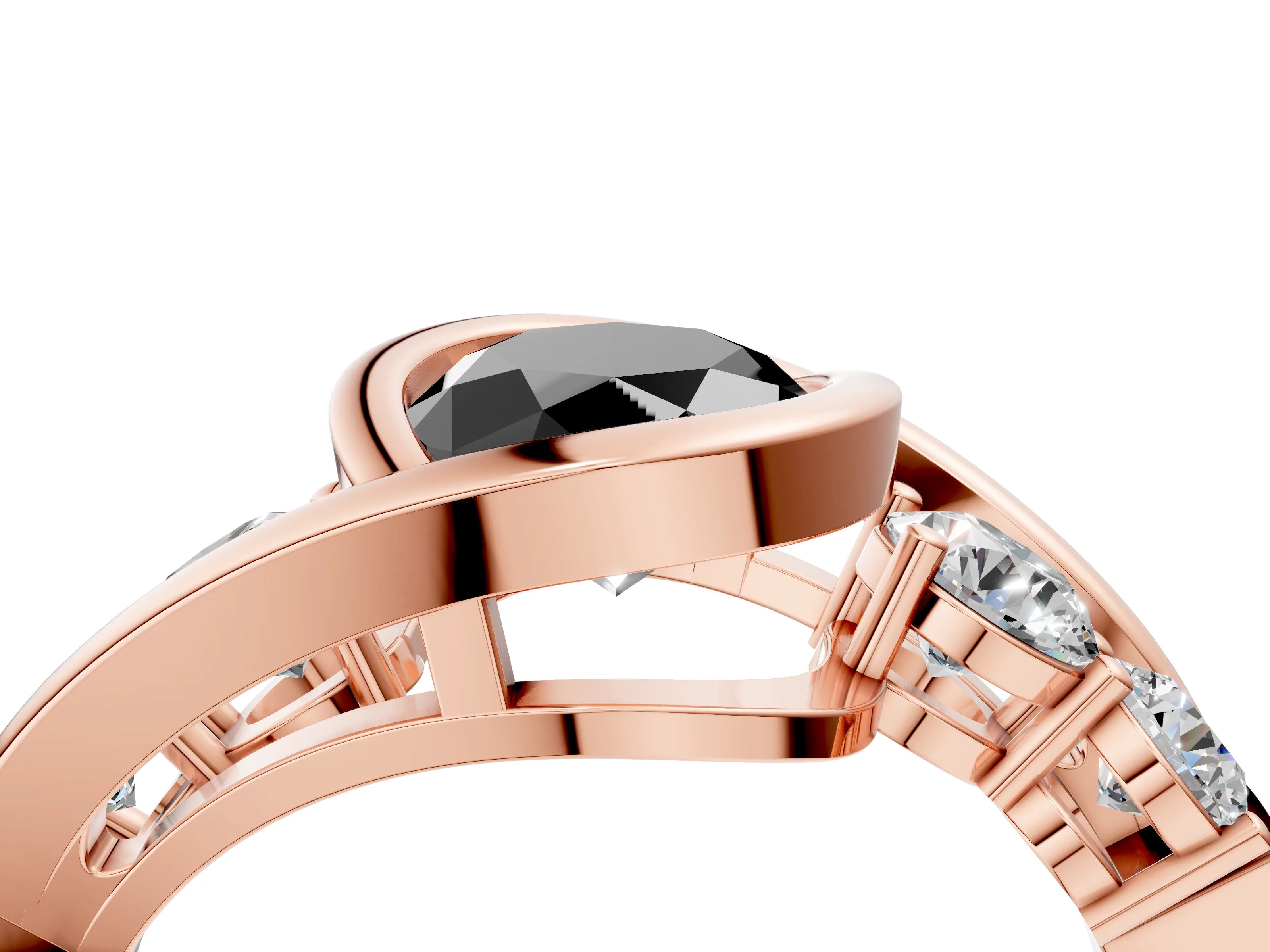 Rose gold Bezel Set Fancy Black Oval Cut Diamond Split Shank Ring_4
