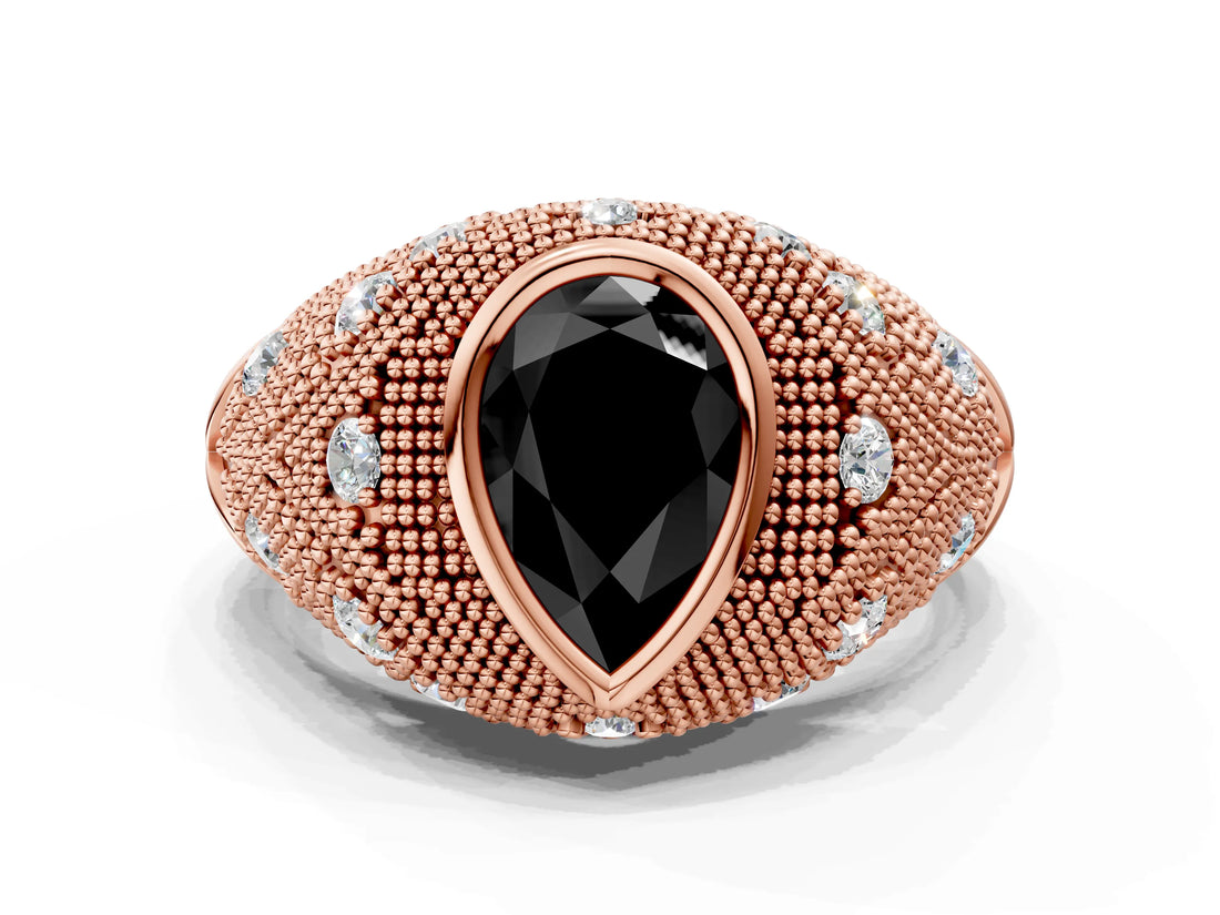 Rose gold Bezel Set Fancy Black Pear Cut Diamond Milgrain Band Ring