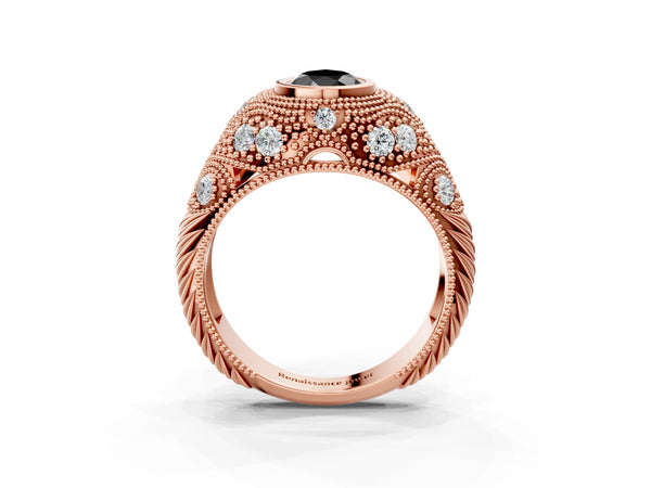 Rose Gold Pear-Shaped Vintage Bezel Engagement Ring Setting for Black Center with Milgrain