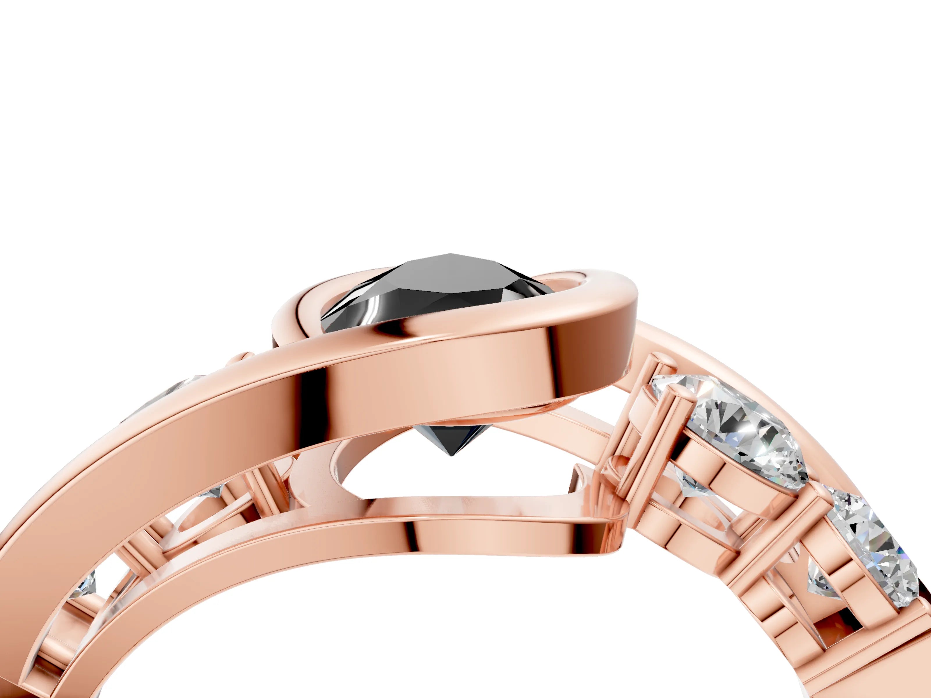 Rose gold Bezel Set Fancy Black Pear Cut Diamond Split Shank Ring_4
