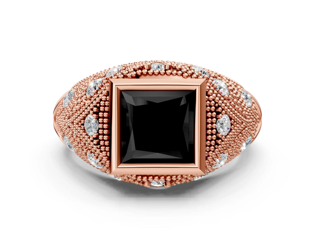 Rose gold Bezel Set Fancy Black Princess Cut Diamond Milgrain Band Ring