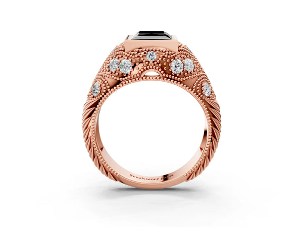 Rose Gold Princess Cut Vintage Bezel Engagement Ring Setting for Black Center with Milgrain