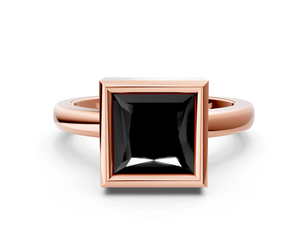 Rose gold Bezel Set Fancy Black Princess Cut Solitaire Engagement Ring with Classic Band