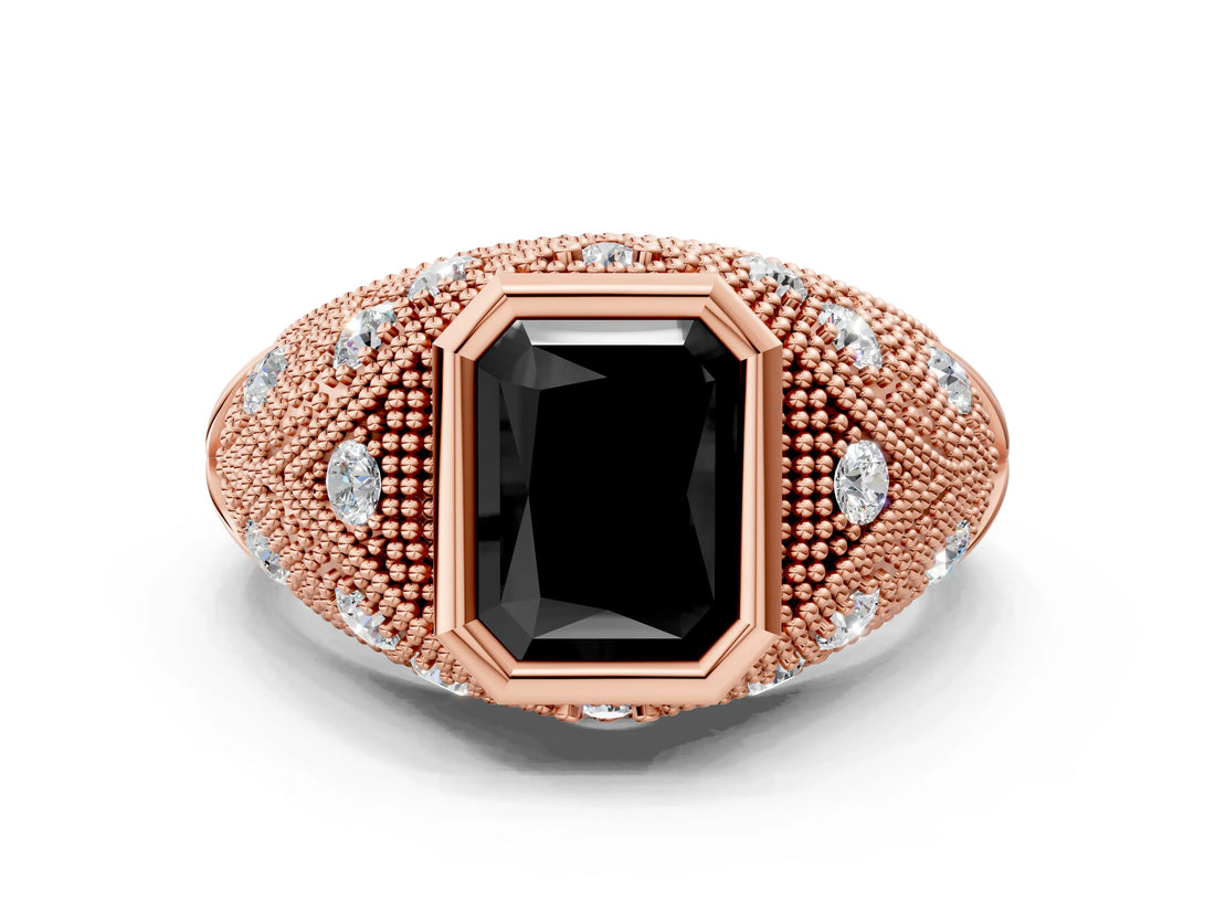 Rose gold Bezel Set Fancy Black Radiant Cut Diamond Milgrain Band Ring