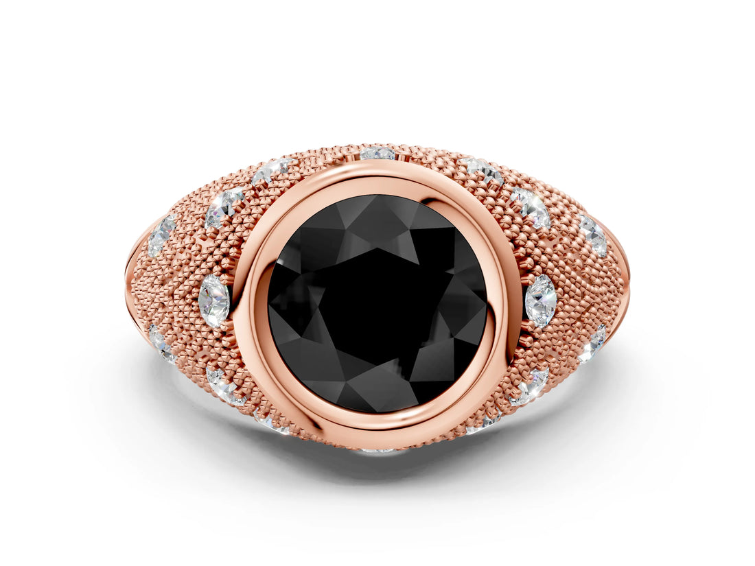 Rose gold Bezel Set Fancy Black Round Cut Diamond Milgrain Band Ring