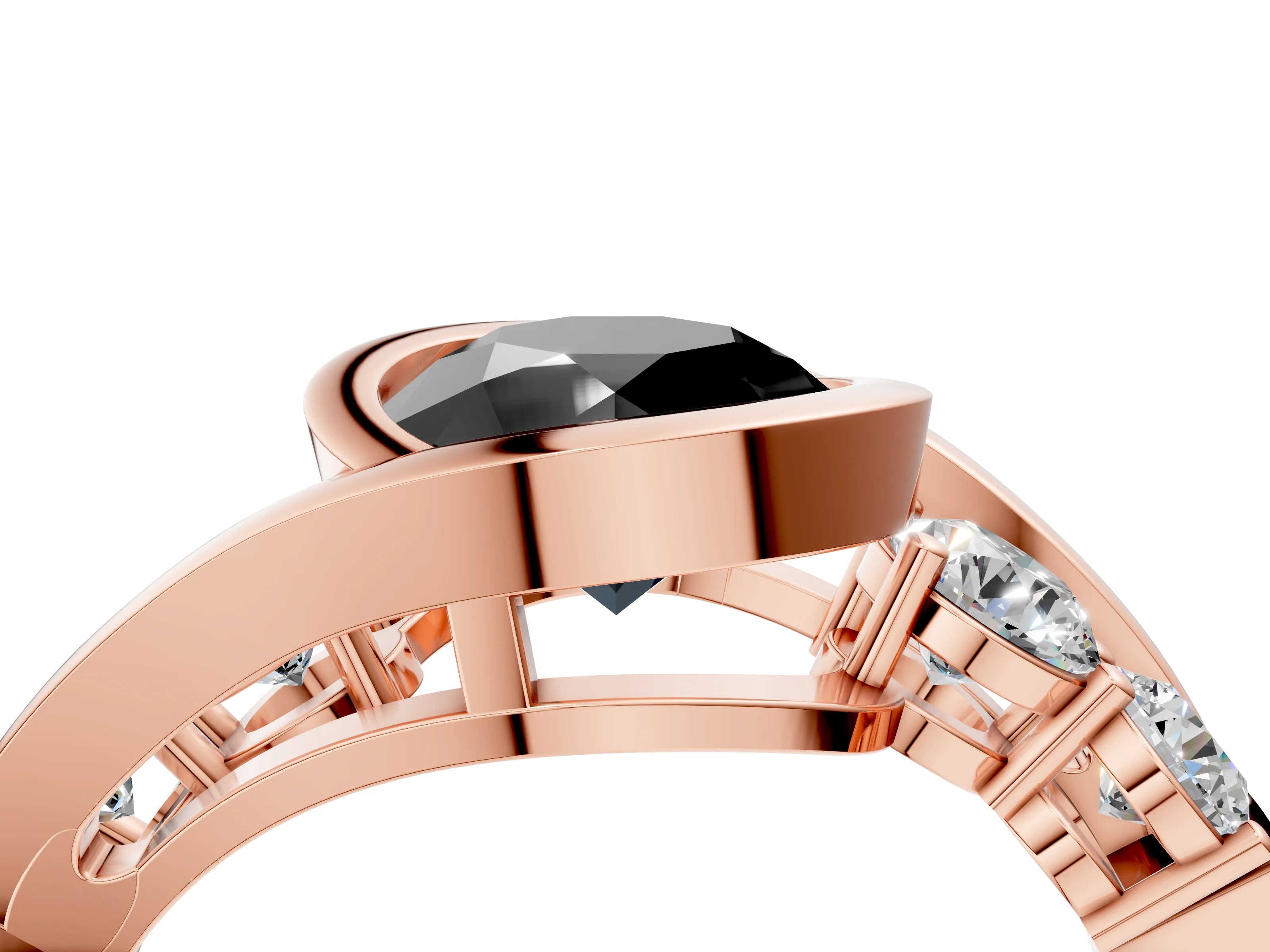 Rose gold Bezel Set Fancy Black Round Cut Diamond Split Shank Ring_4