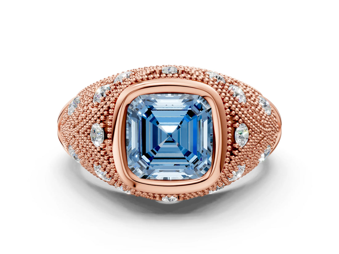 Rose gold Bezel Set Fancy Blue Asscher Cut Diamond Milgrain Band Ring