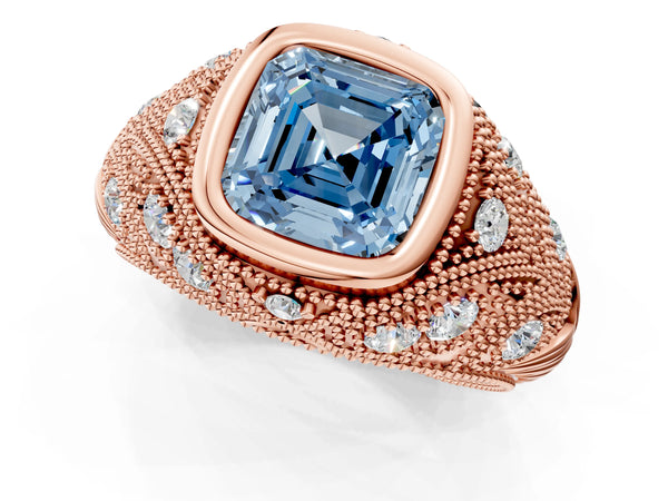 Rose Gold Asscher Cut Vintage Bezel Engagement Ring Setting for Fancy Blue Center with Milgrain