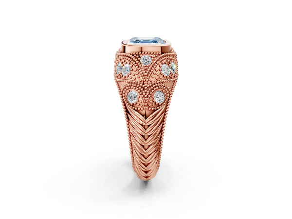 Rose Gold Asscher Cut Vintage Bezel Engagement Ring Setting for Fancy Blue Center with Milgrain