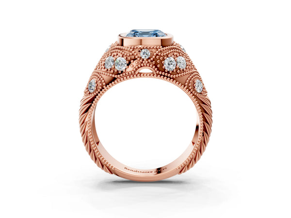 Rose Gold Asscher Cut Vintage Bezel Engagement Ring Setting for Fancy Blue Center with Milgrain