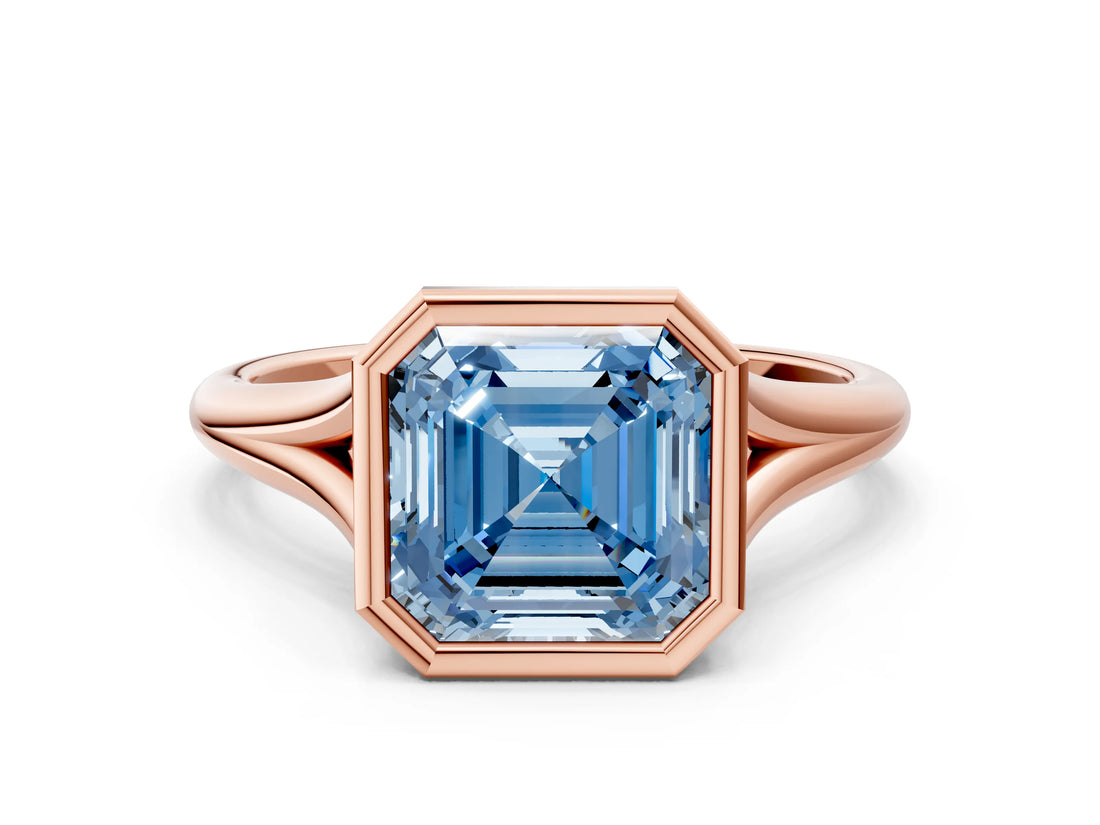 Rose gold Bezel Set Fancy Blue Asscher  Cut Solitaire Ring with Tapered Band