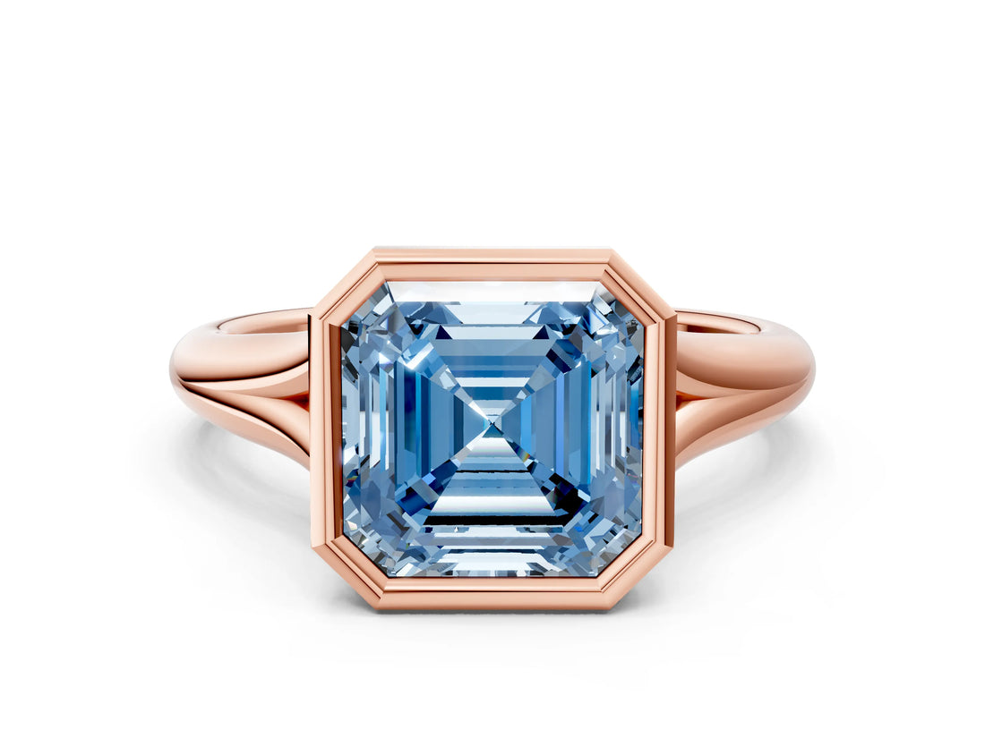 Rose gold Bezel Set Fancy Blue Asscher  Solitaire Diamond Ring with Smooth Band 1