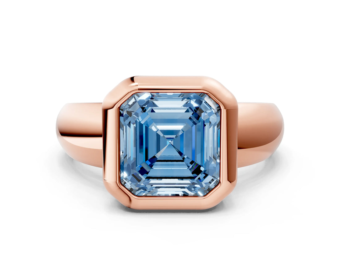 Rose gold Bezel Set Fancy Blue Asscher  Solitaire Ring with Wide Band 1