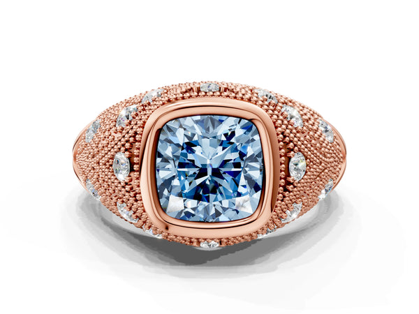 Rose gold Bezel Set Fancy Blue Cushion Cut Diamond Milgrain Band Ring