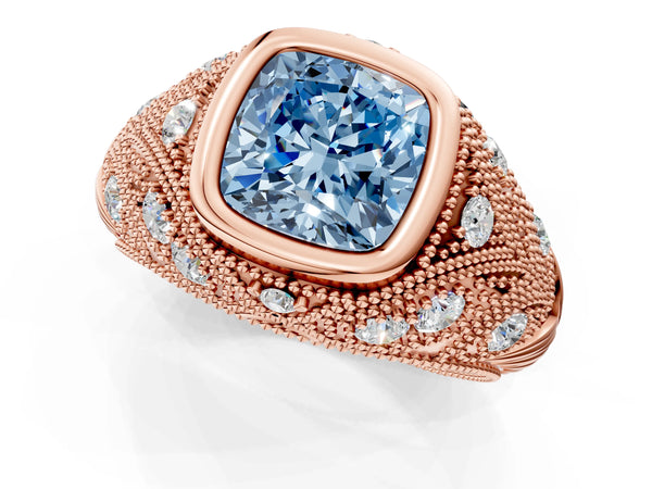 Rose gold Bezel Set Fancy Blue Cushion Cut Diamond Milgrain Band Ring