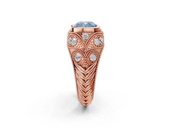 Rose gold Bezel Set Fancy Blue Cushion Cut Diamond Milgrain Band Ring