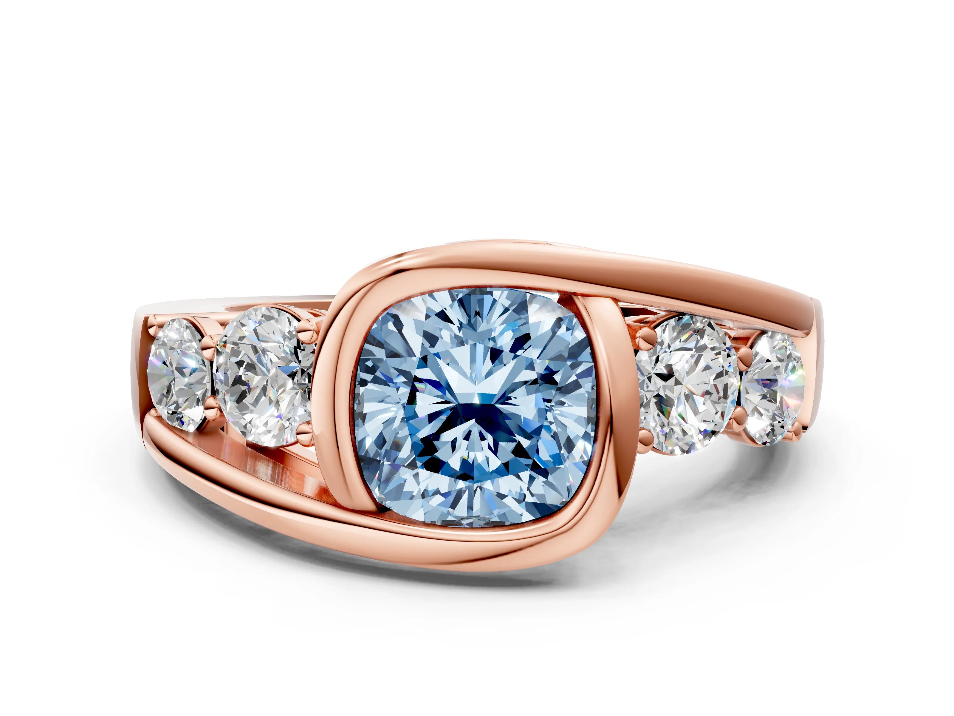 Rose gold Bezel Set Fancy Blue Cushion Cut Diamond Split Shank Ring