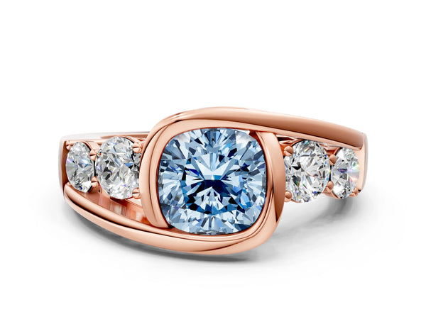 Rose Gold Cushion Cut Bezel Bypass Engagement Ring Setting for Fancy Blue Center