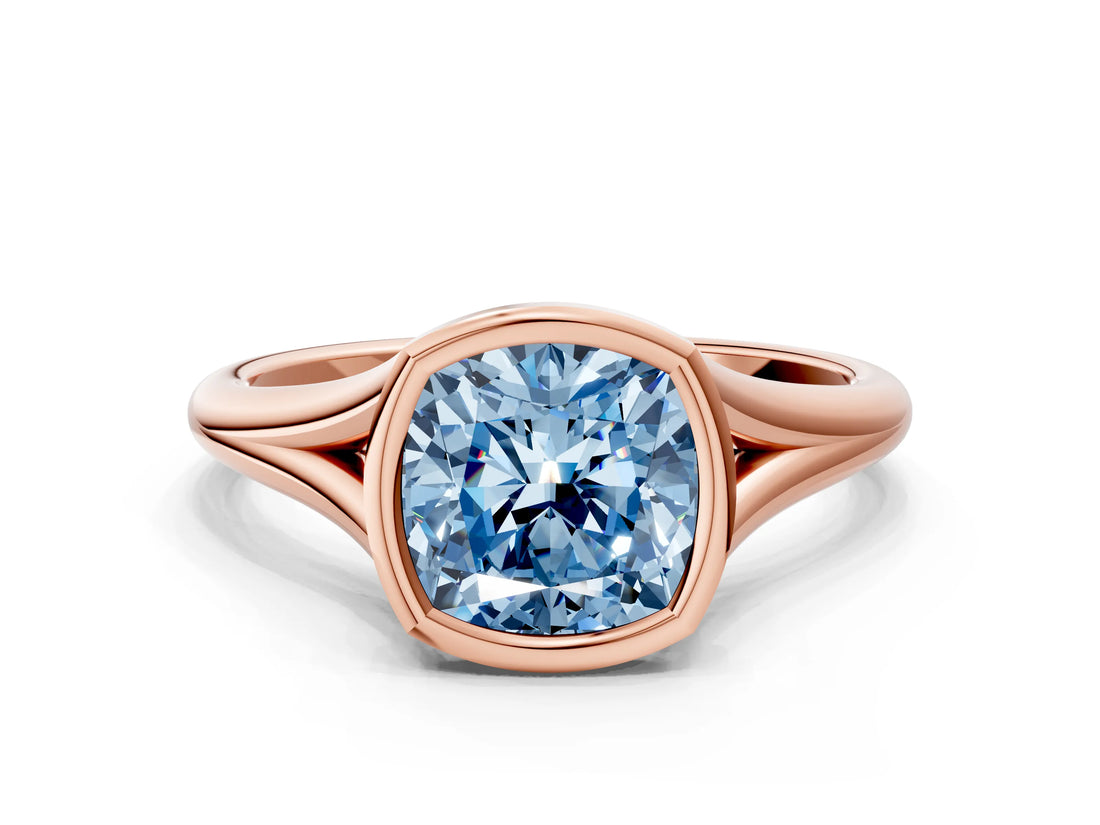 Rose gold Bezel Set Fancy Blue Cushion  Cut Solitaire Ring with Tapered Band