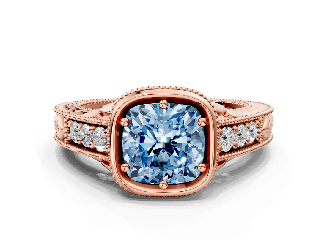 Rose gold Bezel Set Fancy Blue Cushion  Diamond Milgrain Pave Engagement Ring_33
