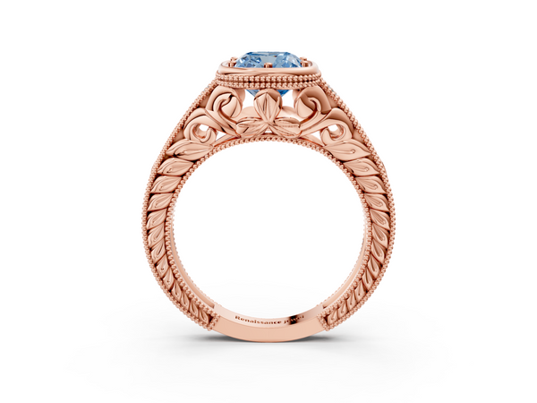Rose gold Bezel Set Fancy Blue Cushion  Diamond Milgrain Pave Engagement Ring