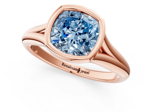 Rose gold Bezel Set Fancy Blue Cushion  Solitaire Diamond Ring with Smooth Band