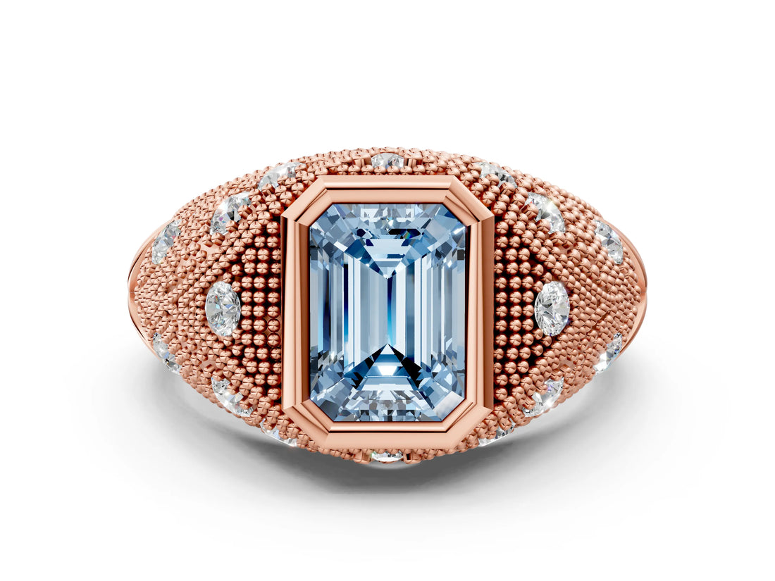 Rose gold Bezel Set Fancy Blue Emerald Cut Diamond Milgrain Band Ring