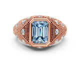 Rose gold Bezel Set Fancy Blue Emerald Cut Diamond Milgrain Band Ring