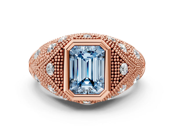 Rose Gold Emerald Cut Vintage Bezel Engagement Ring Setting for Fancy Blue Center with Milgrain