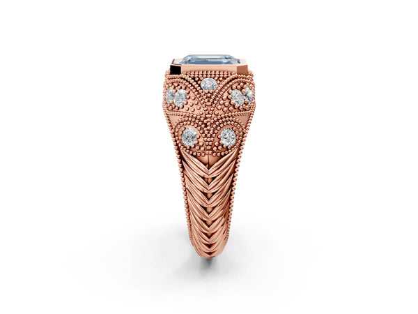 Rose Gold Emerald Cut Vintage Bezel Engagement Ring Setting for Fancy Blue Center with Milgrain