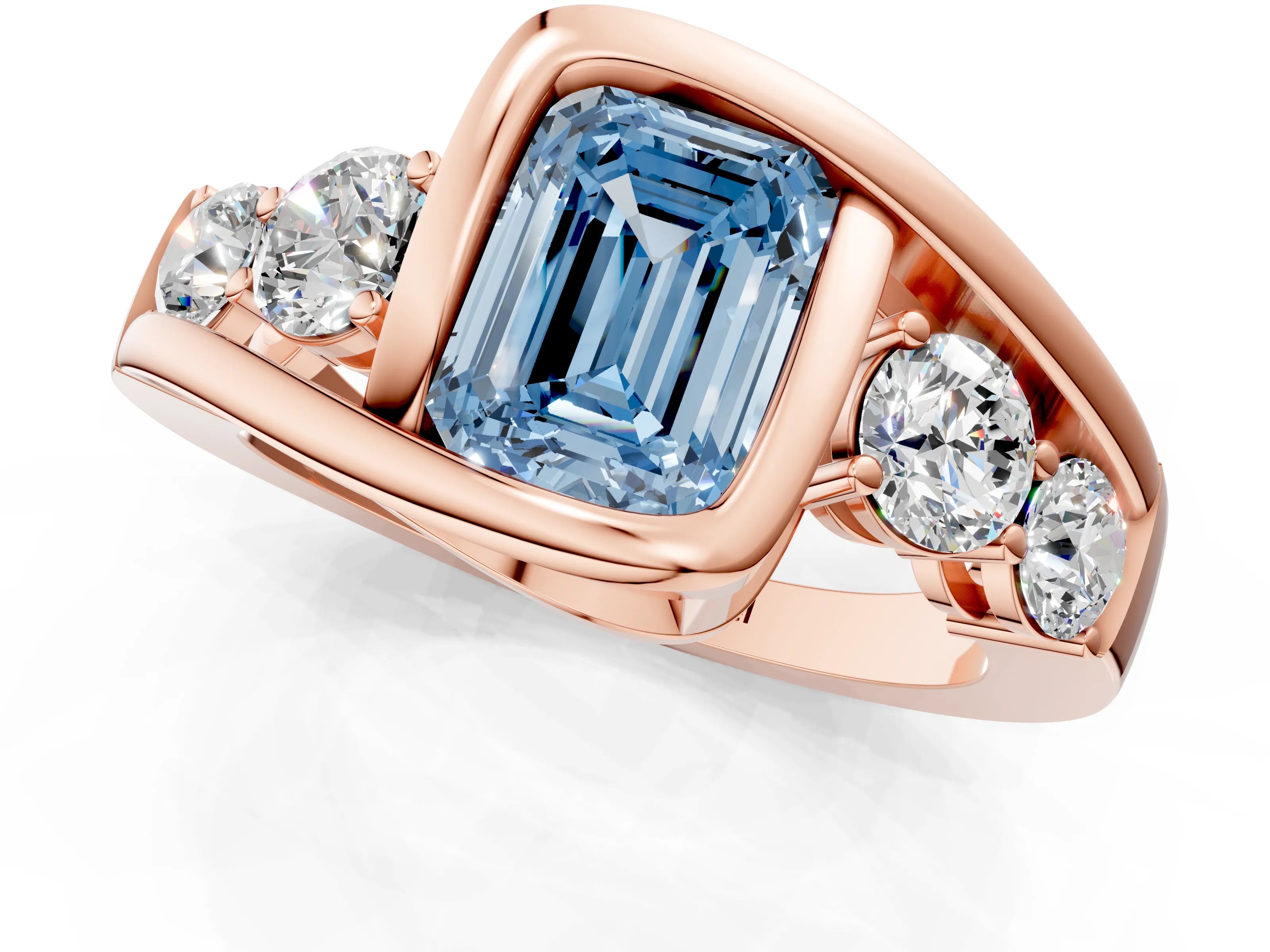 Rose gold Bezel Set Fancy Blue Emerald Cut Diamond Split Shank Ring_1